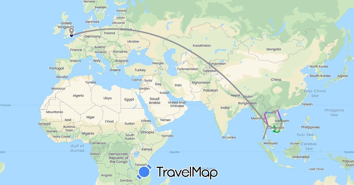 TravelMap itinerary: driving, bus, plane, train, boat in United Kingdom, Cambodia, Laos, Thailand, Vietnam (Asia, Europe)